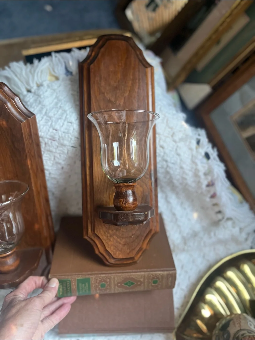 Wooden Wall Sconces with Clear Glass Shades - Brown